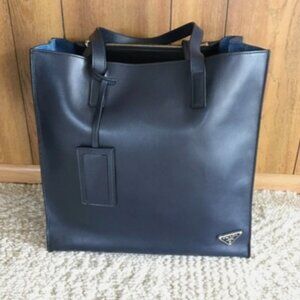 Prada black leather tote w blue interior